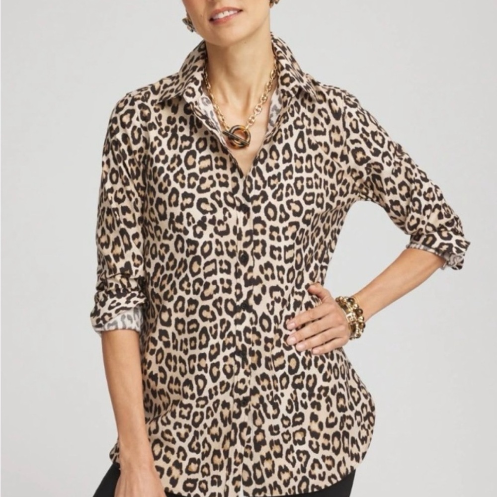Chico's Black and Brown Button Down Shirt with Notched Collar and Cuffed Sleeves